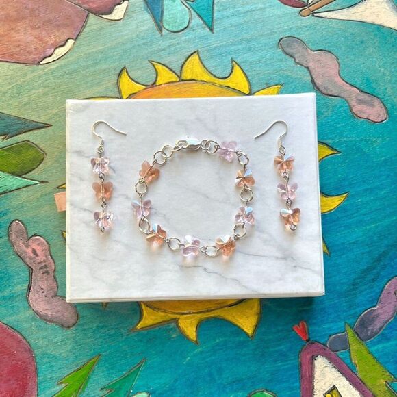 Rose Pink and Blush Glass Butterfly Bracelet + Earrings Set - Picture 7 of 9